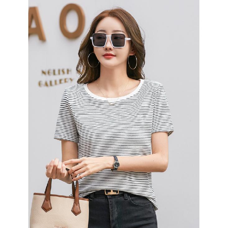 Women'S Striped T-Shirt Elegant Slim O-Neck Short Sleeve Cotton Top Loose Fit Office Casual Knitted Summer Women'S Tee Shirt