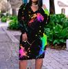 Women Plus Size V Neck Long Sleeve Black Printed Fitted Dress