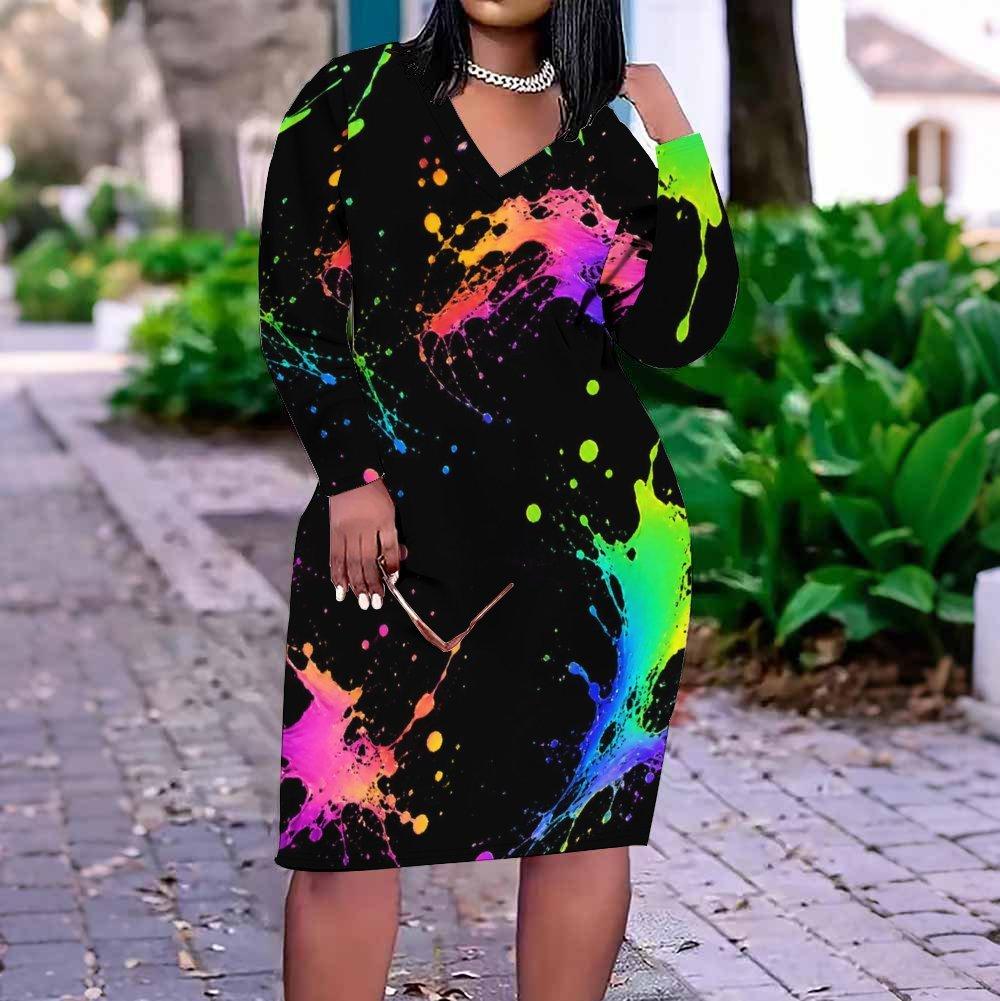 Women Plus Size V Neck Long Sleeve Black Printed Fitted Dress