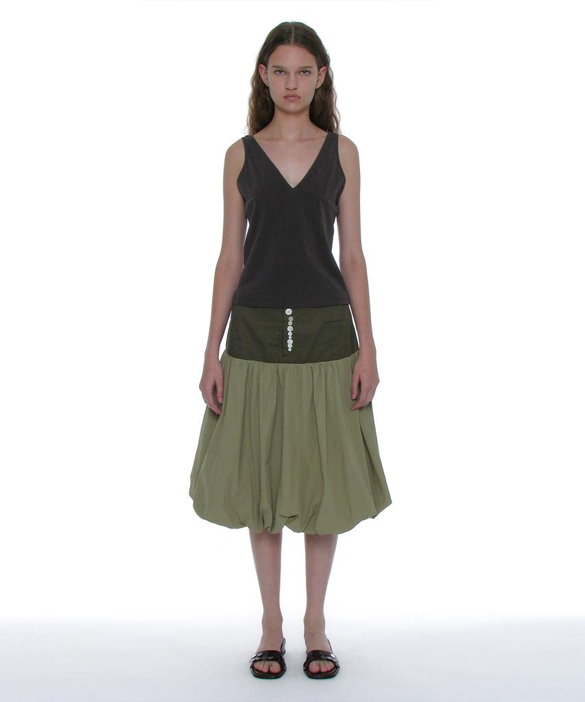Partimento Woman Button-Pointed Puff Midi Skirt_Khaki Green