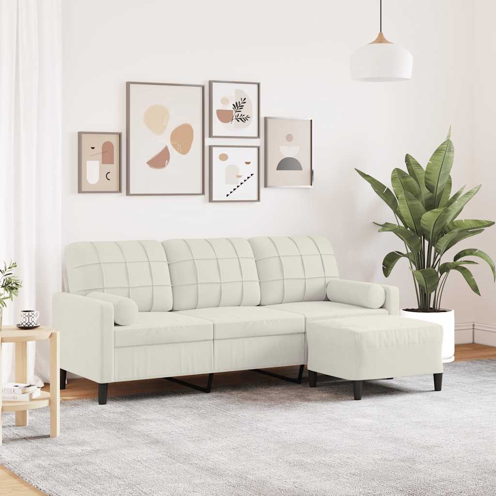 3 Seater Sofa with Footstool Cream 180 cm Velvet