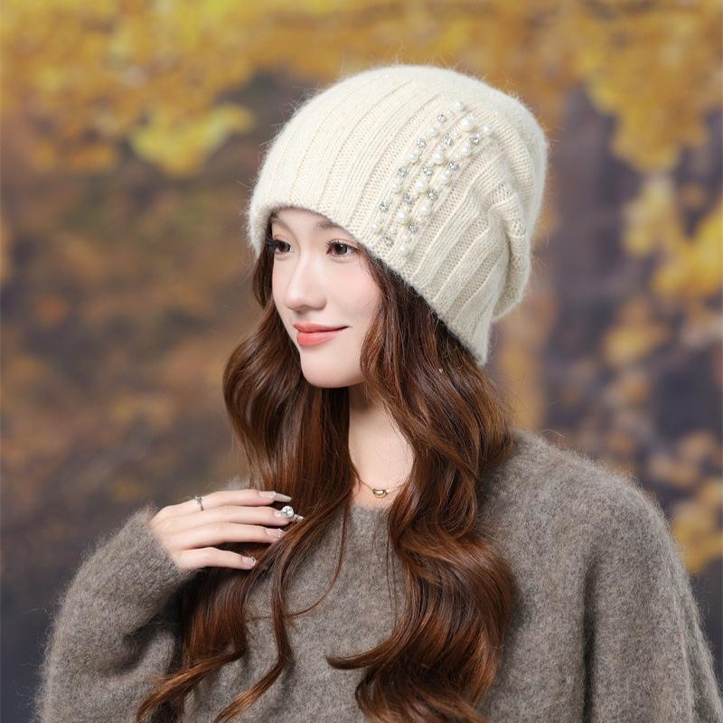 Rabbit Fur Pullover Knitted Hat Women Autumn and Winter Warm Wool Hat Fashion Pearl Headgear Outdoor