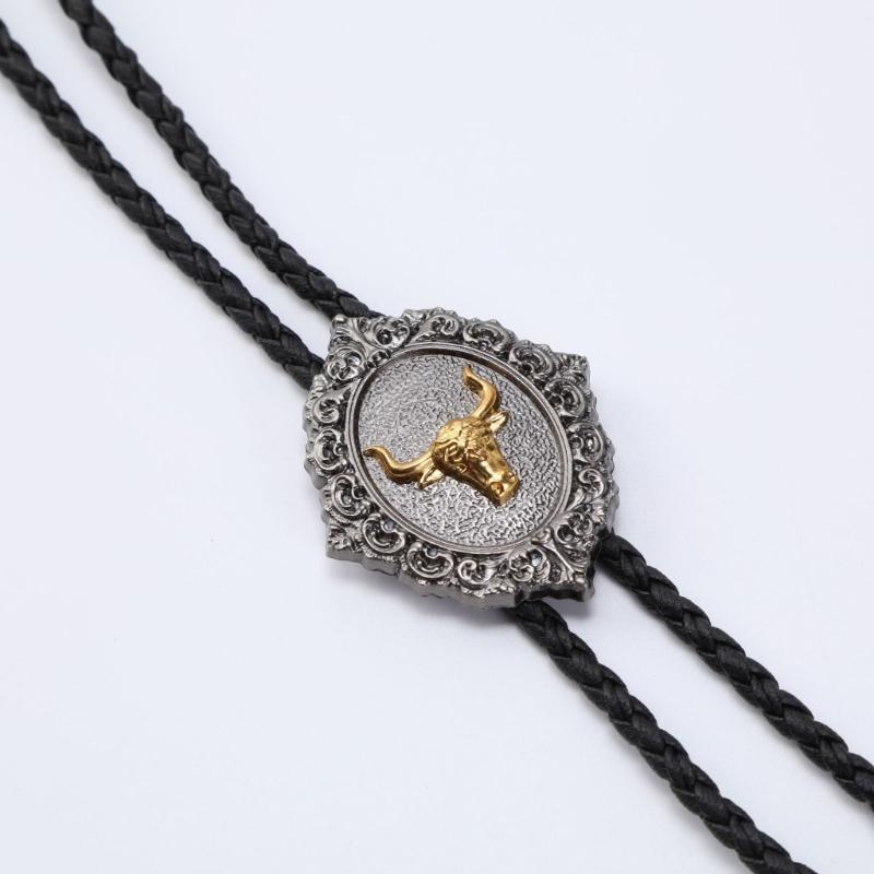 Handmade Jewelry Bolo Tie Western Cowboy Artificial Leather Rope Necktie with Vintage Cow Horse Badge Pendant Necklace