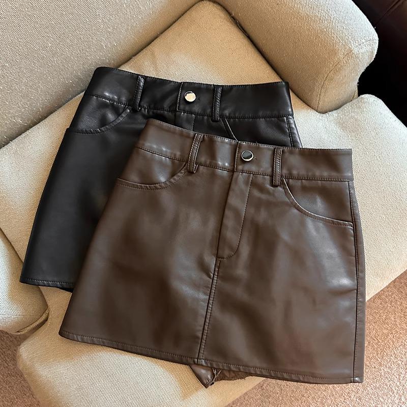 Women's 2024 PU Leather High-Waist A-Line Mini Skirt - Black, Autumn/Winter Collection