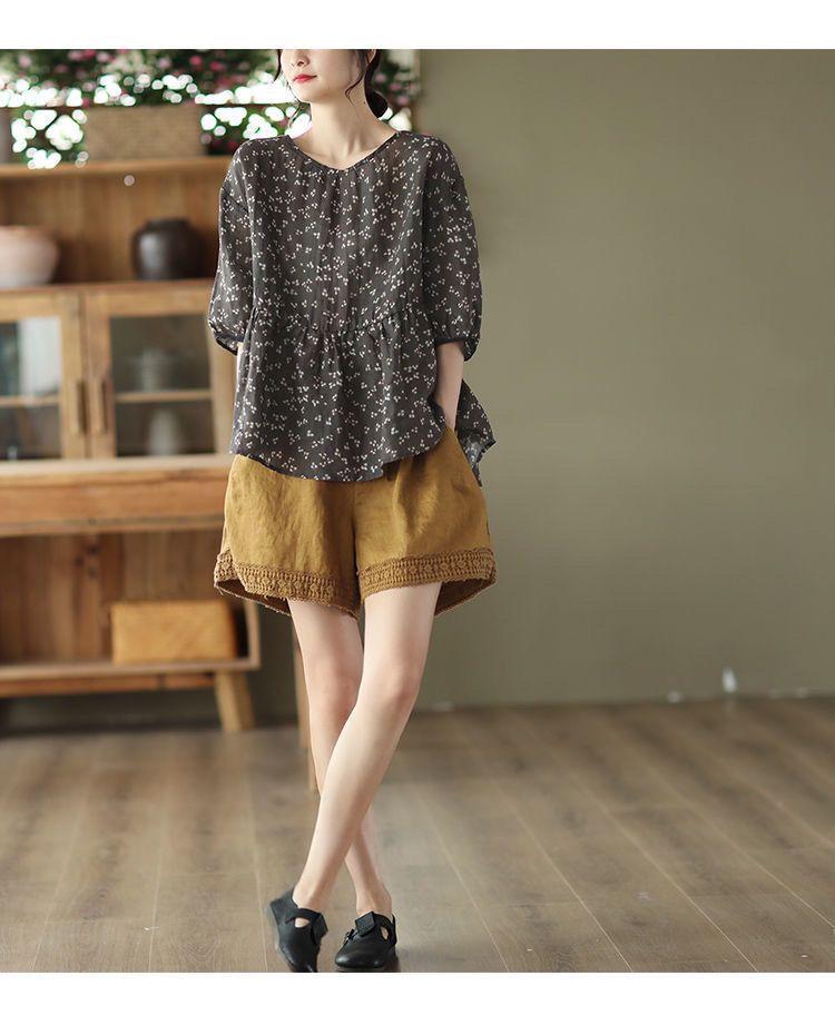 2025 Léto Retro Háčkované Bavlna Len Dámské Krajkové Šortky - Zeštíhlující Kalhoty s Rovnou Nohou pro Volný Čas