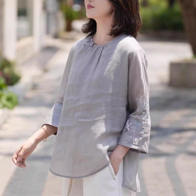 National Style Summer New Cotton and Linen Light and Breathable Shirt Top Sun Protection Embroidered Chinese Style Literary