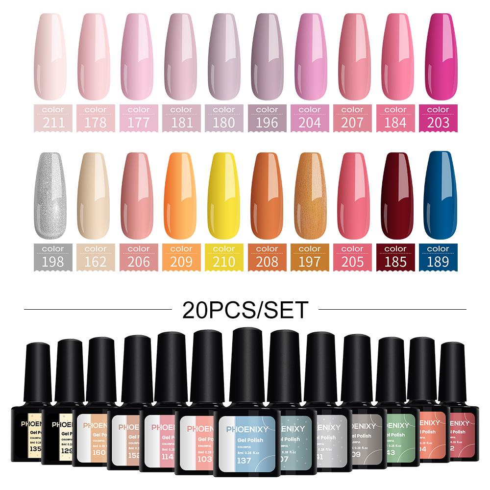 

PHOENIXY 8 мл 10/12/18/20 шт. маникюрный перманентный блестящий гель-лак для ногтей долговечный верхний базовый гель Soak Off гель УФ-светодиодный лак модный блестящий дизайн ногтей 20pcs