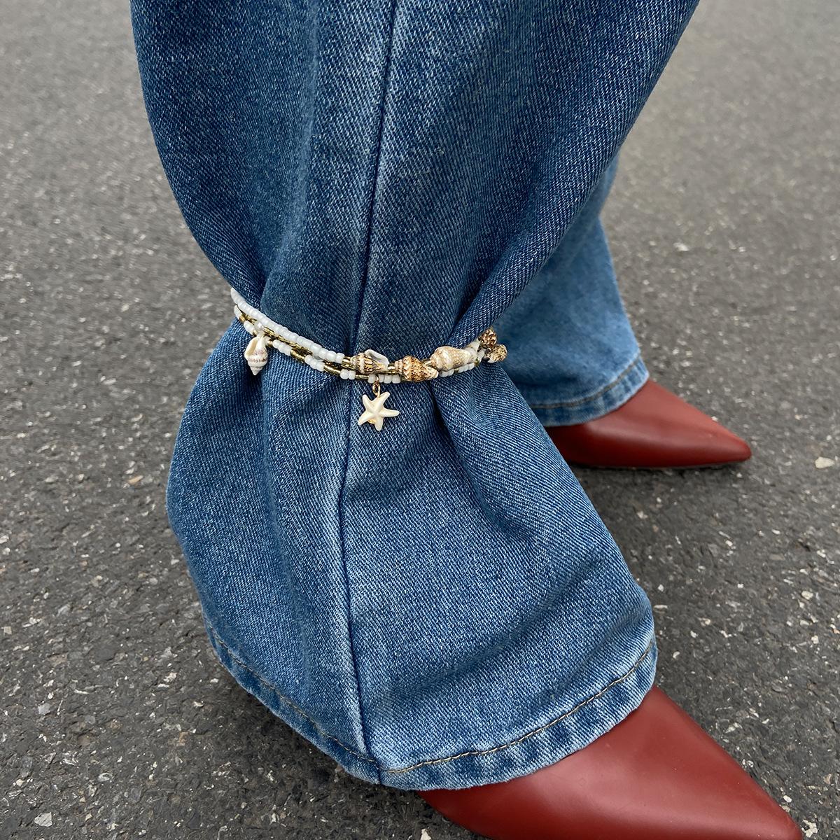 2025 New Vintage Shell Starfish Anklets Set for Women Elastic Handmade Baroque Bead Jeans Anklets Beach Jewelry Accessories