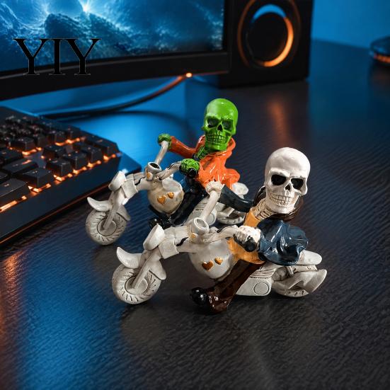 Motorcycle Skull Ornament Halloween Skeleton Riding Figurine, Gothic Spooky Statue for Home Gifts Collectors Garden, Resin Biker Decor Desk