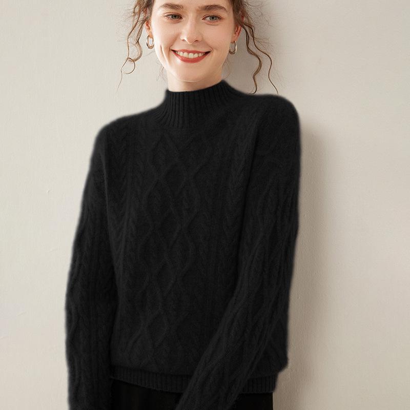 Versatile Women's Cashmere Cable Knit Sweater - Loose Slimming, Half-High Neck, Warm Base Layer