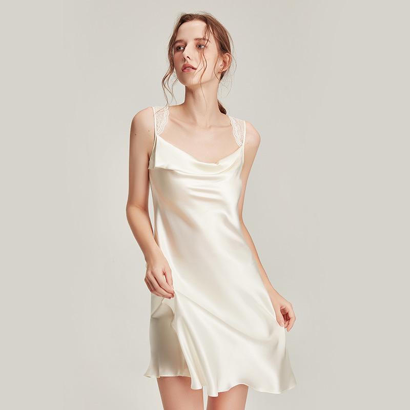 Silk French Lace Camisole Nightgown - Mid-Length Summer Pajamas made of 100% Mulberry Silk Large