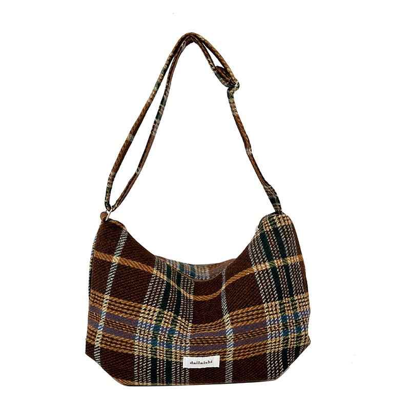 Retro plaid messenger bag women's large-capacity casual dumpling bag college student class commuting shoulder bag