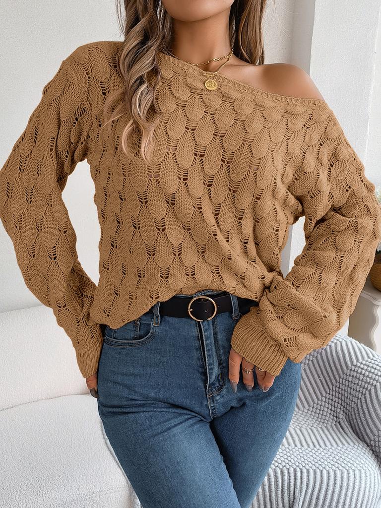 Herbst Winter Lässig Hohl Ein-Schulter Laternenärmel Strickpullover Damenbekleidung
