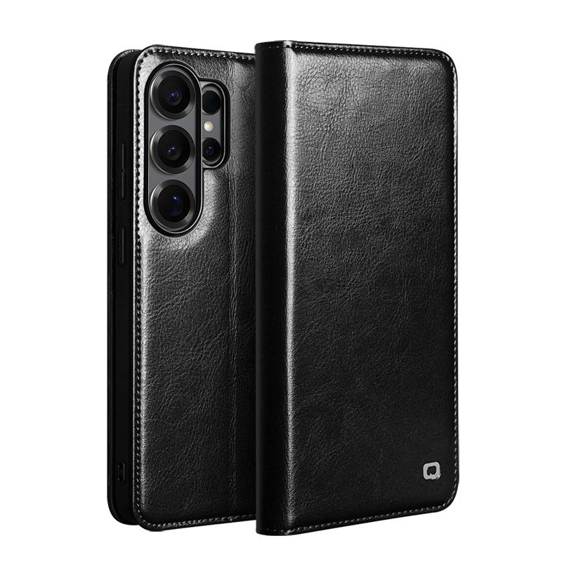 QIALINO For Samsung Galaxy S26 S25 Edge S24 S23 S22 Note20 Ultra Plus Premium Cowhide Natural Genuine Leather Case Wallet Cover Galaxy S26 Edge чёрный