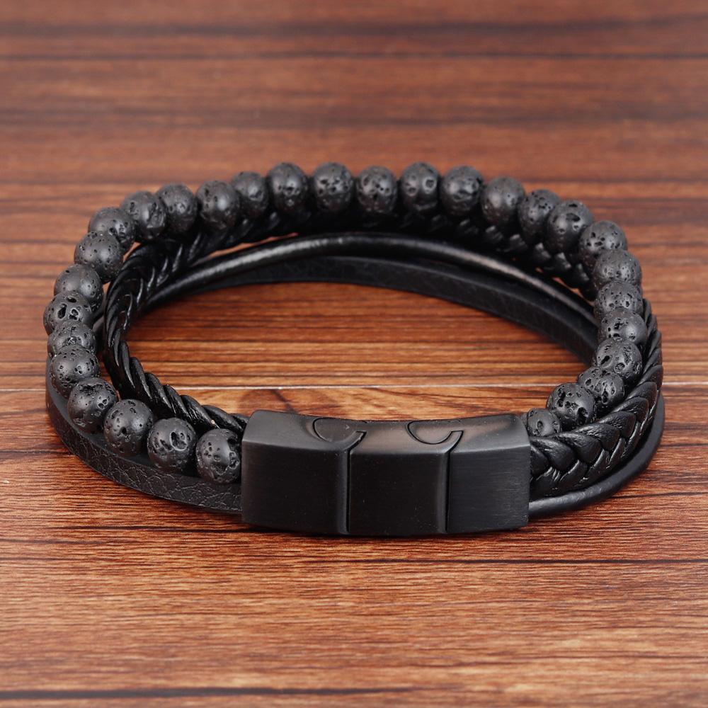 Punk Men Braid Bracelet Multilayer Leather Natural Stone Beaded Bangle Stainless Steel Magnetic Clasp Male Jewelry