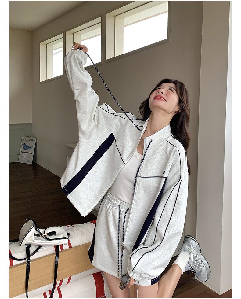 Light Gray Casual Sports Sweater & Contrast Short Skirt Set 2025