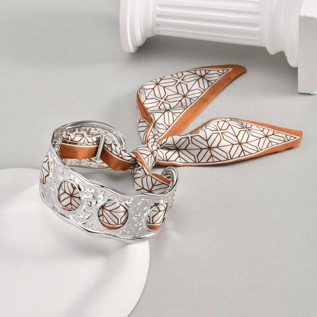 Silk Scarves Hollow Open Bangle Bracelet For Women, Chunky Wrist Cuff Wrap Bracelet Stainless Steel Gold Plated Wide Jewelry