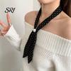 Satin Neck Scarf Women Imitation Pearl Buckle One-Piece Design Lightweight Chiffon Breathable Summer French Retro Black White Dot Collar Decorative