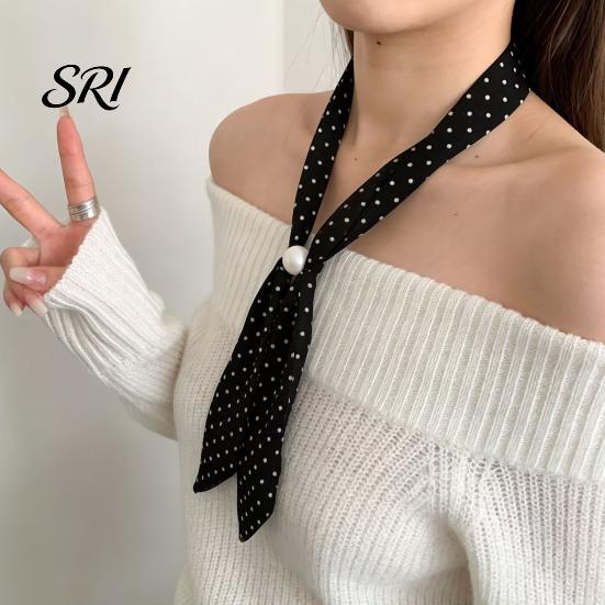 Satin Neck Scarf Women Imitation Pearl Buckle One-Piece Design Lightweight Chiffon Breathable Summer French Retro Black White Dot Collar Decorative