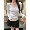 V-neck button design pure desire long-sleeved bottoming shirt for women early autumn gray slim waist T-shirt gentle wind top