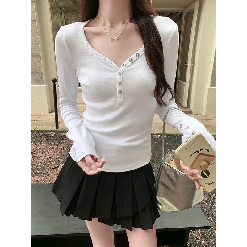 V-neck button design pure desire long-sleeved bottoming shirt for women early autumn gray slim waist T-shirt gentle wind top