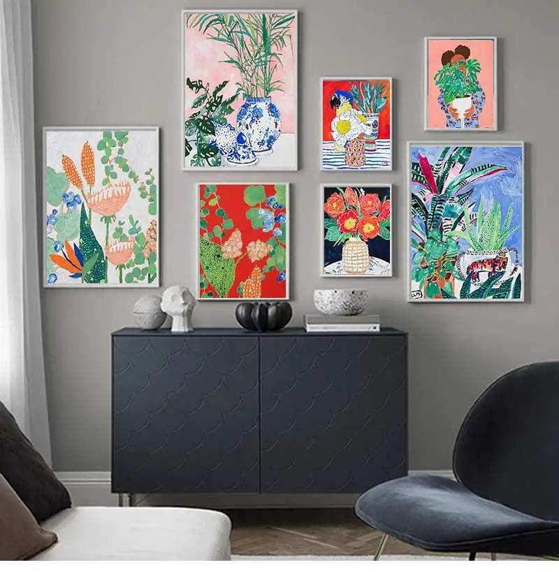 Nordic Flower Leaf Colorful Vase Art Print Wall Poster Canvas Painting Retro Picture Modern Home Decor Bedroom Decoration