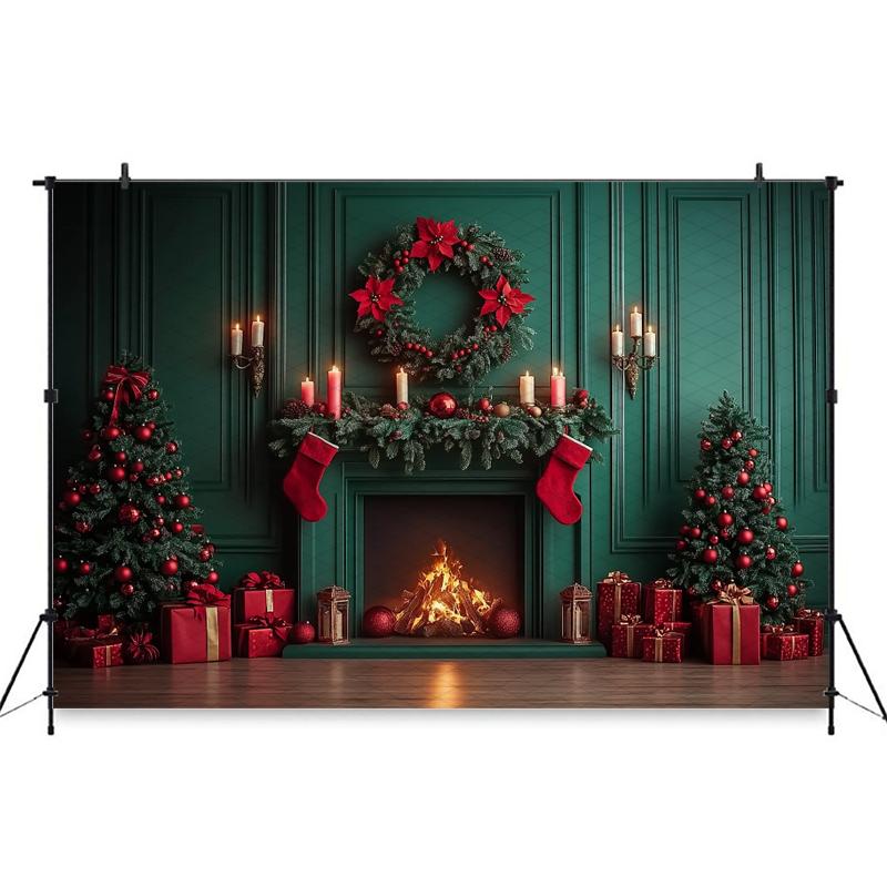 Mocsicka Christmas Photography Backgrounds Tree Decors Family Festival Party Photo Backdrops Green Wall Fireplace Pattern Banner