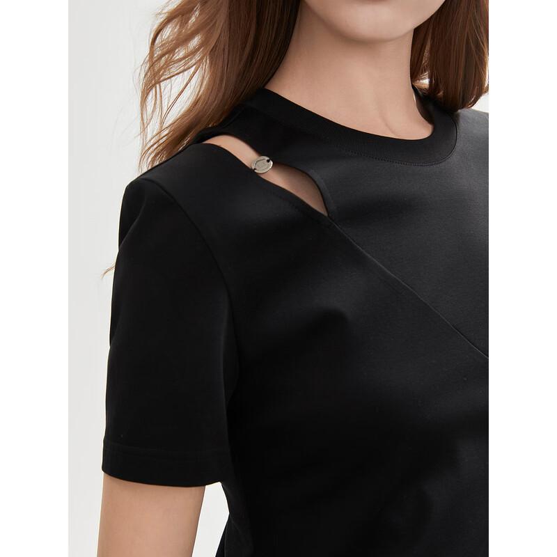 ELLE Women's Black Mulberry Silk Blend Irregular Pleated Short Sleeve T-shirt
