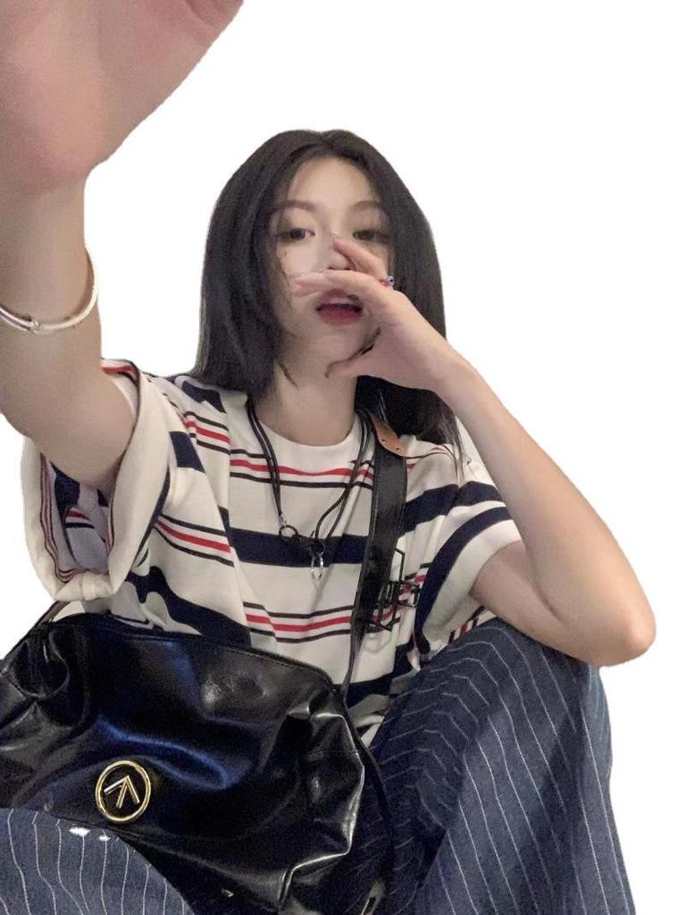 Women's 2024 Striped Pure Cotton Short-Sleeve T-Shirt - BF Style, Loose Fit, Casual Summer Top