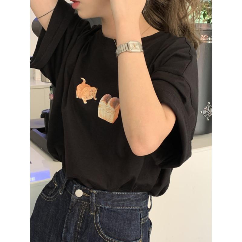 Korean Pure Cotton Printed Short-sleeved T-shirt for Women In Summer New Round Neck Casual Loose Half-sleeved Top