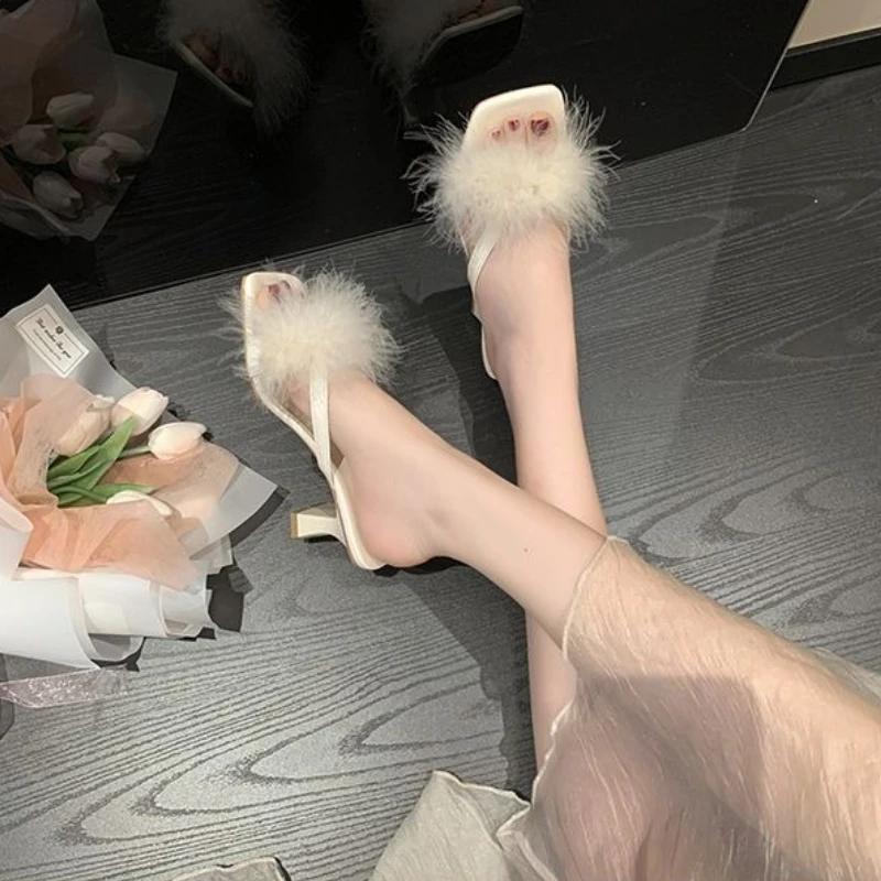 Fashion Outside Heeled Women's Slippers and Ladies Sandals High Quality Designer Luxury Slides Chic Elegant Small Size 2025 Trend Shoes