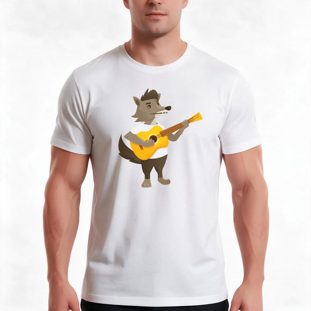 Cute Wolf Playing Music With Guitar Tshirt Summer Casual Cotton Tee Oversized Streetwear Tops Vintage Graphic Print