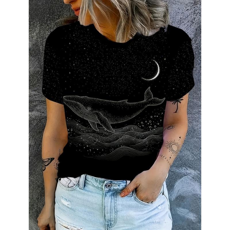 Women s ocean animal print summer short sleeved round neck basic top S