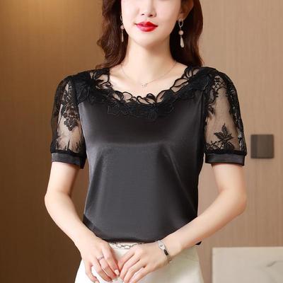 Damen Sommer Gerade Temperament Spitze Satin T-Shirt Kurzärmelig Pendler Oberteile