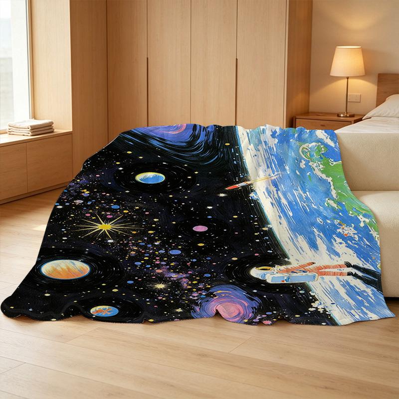 Space Theme Non-Pilling Soft Flannel Throw – Warm Cozy Maternity Blanket for Home, Outdoor Picnics, All-Season Decor, Christmas & Halloween