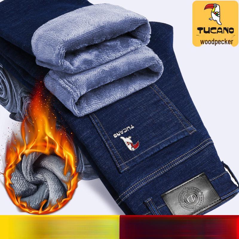 Woodpecker Men's Fleece-lined Straight Leg Stretch Jeans - Loose Fit, Plus Size, Warm Casual Pants for Autumn/Winter