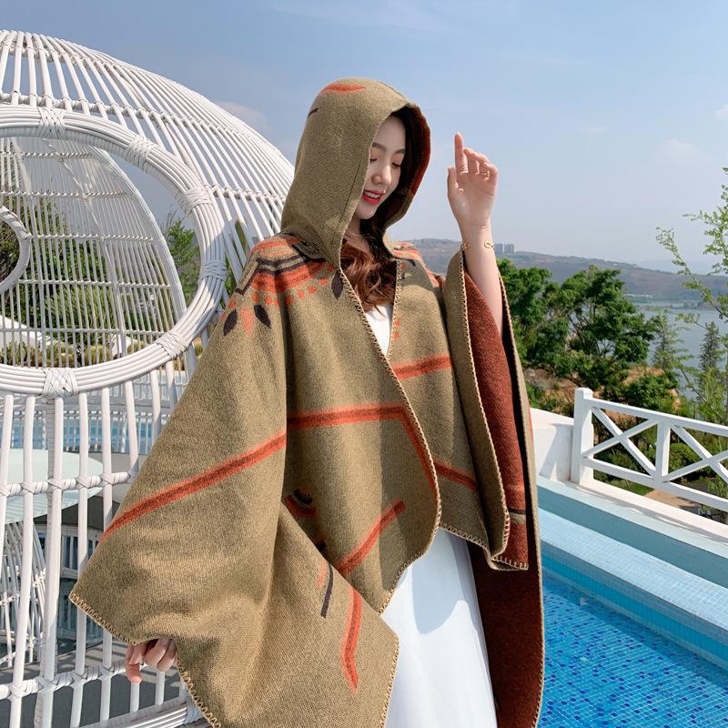 Travel large shawl women's imitation cashmere with double-sided cape geometric pattern fringe air-conditioning room cape summer