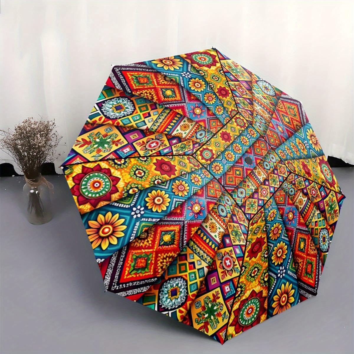 

Automatic Folding Umbrella Colorful floral and geometric patchwork pattern. Portable collapsible design, casual outdoor access (as the picture,Iron&8K)