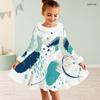 Girls High Neck Long Sleeve White Base Abstract Printed A Line Flared Dress With Fuzzy Trim And Bow