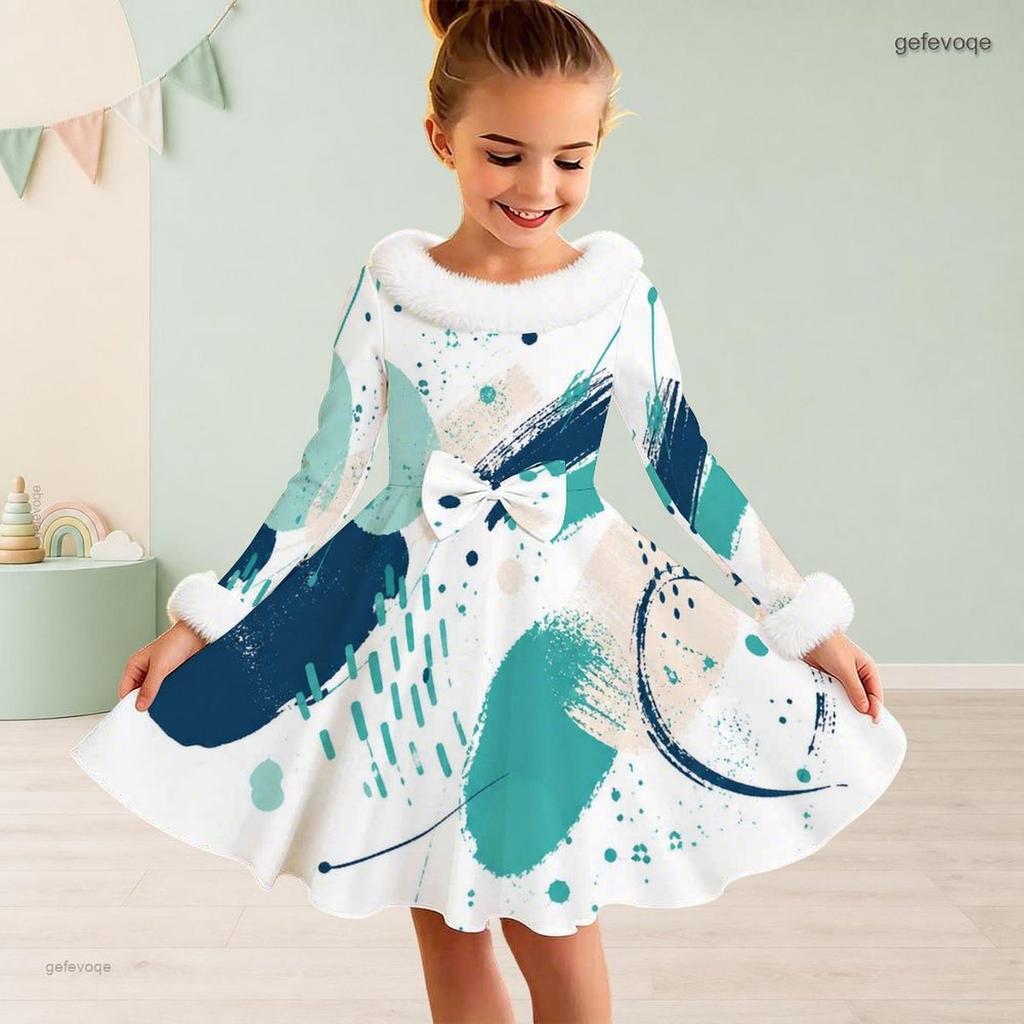 Girls High Neck Long Sleeve White Base Abstract Printed A Line Flared Dress With Fuzzy Trim And Bow