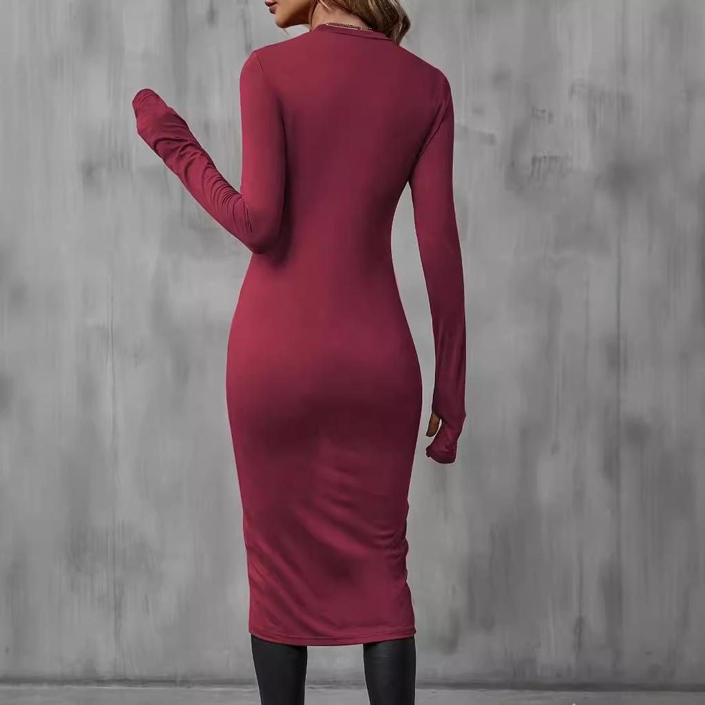 Women's Crew Neck Long Sleeve Tight Long Tunic Top Slim Fit Wrap Front High Slit Long Blouse