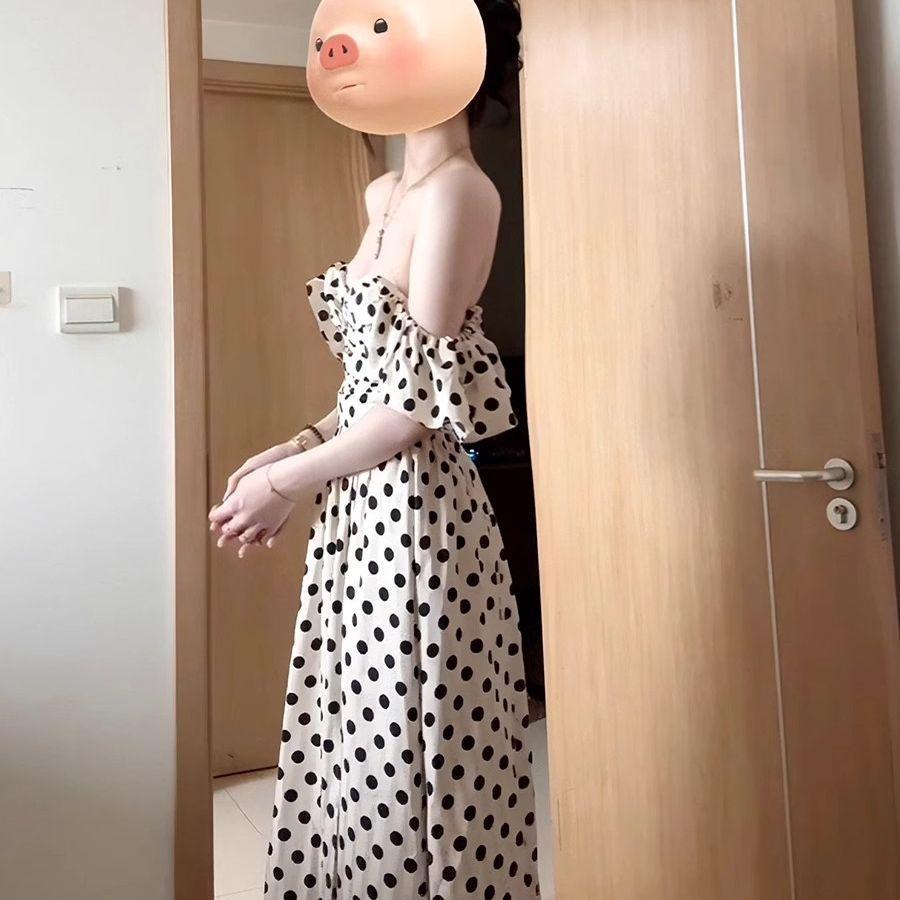 Summer backless polka dots waist slim small flying sleeves suspender dress French retro sweet and spicy temperament long dress women