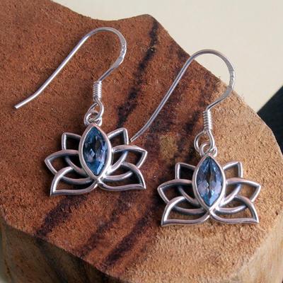 Natural Blue Topaz Gemstone Lotus Earring 925 Sterling Silver Handmade Women Jewelry
