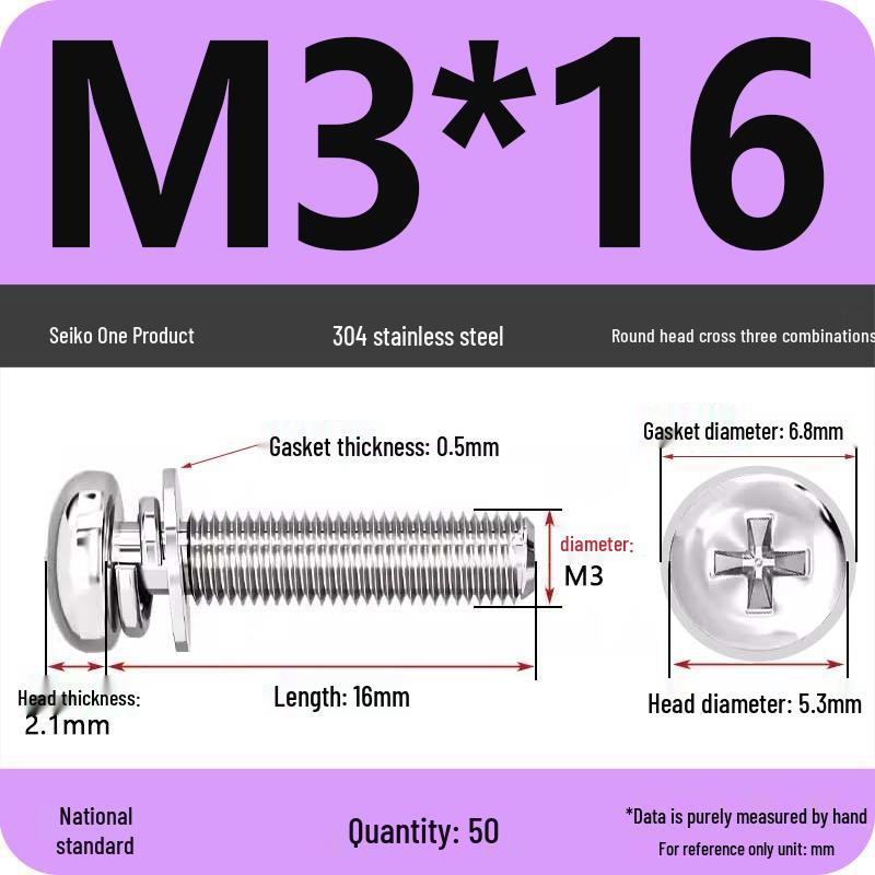 304 Stainless Steel Round Head Phillips Screw with Flat Washer (Sizes M3, M4, M5, M6)