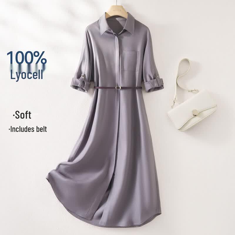 IHIMI Women s Lyocell Belted Midi Shirt Dress XL