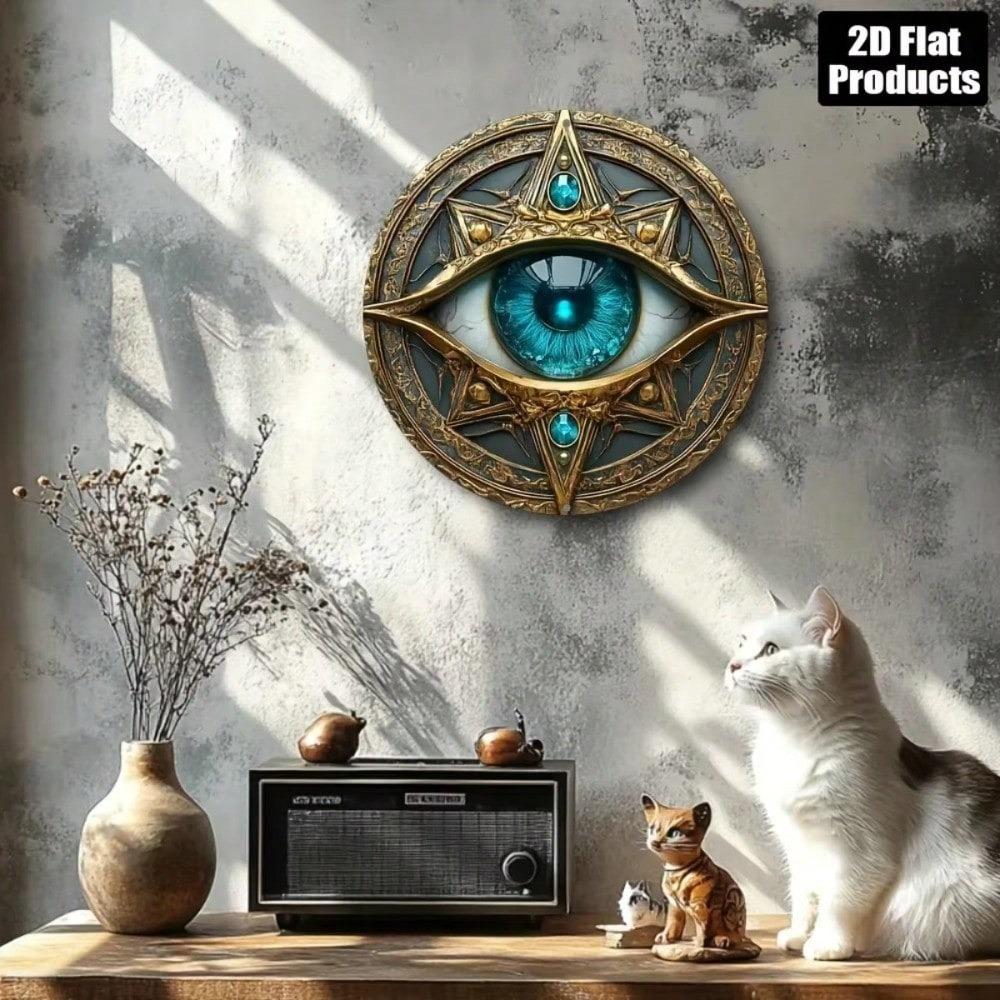 Blue Evil Eye Round Metal Wall Art Aluminum Home Decor Sign for Living Room Kitchen Bedroom Office Bar Cafe Protection