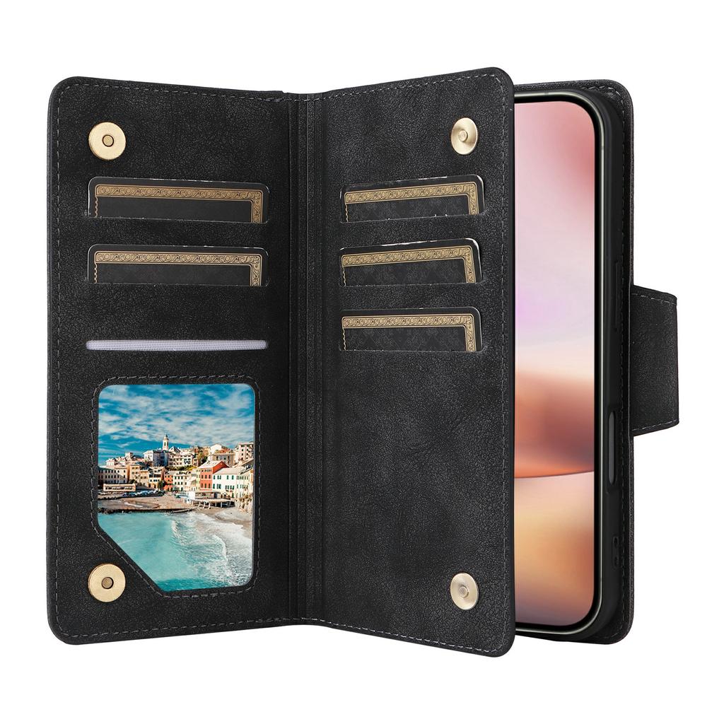 For iPhone 17 Case Zipper Wallet Rivet Decor Leather Phone Cover with Wrist Strap