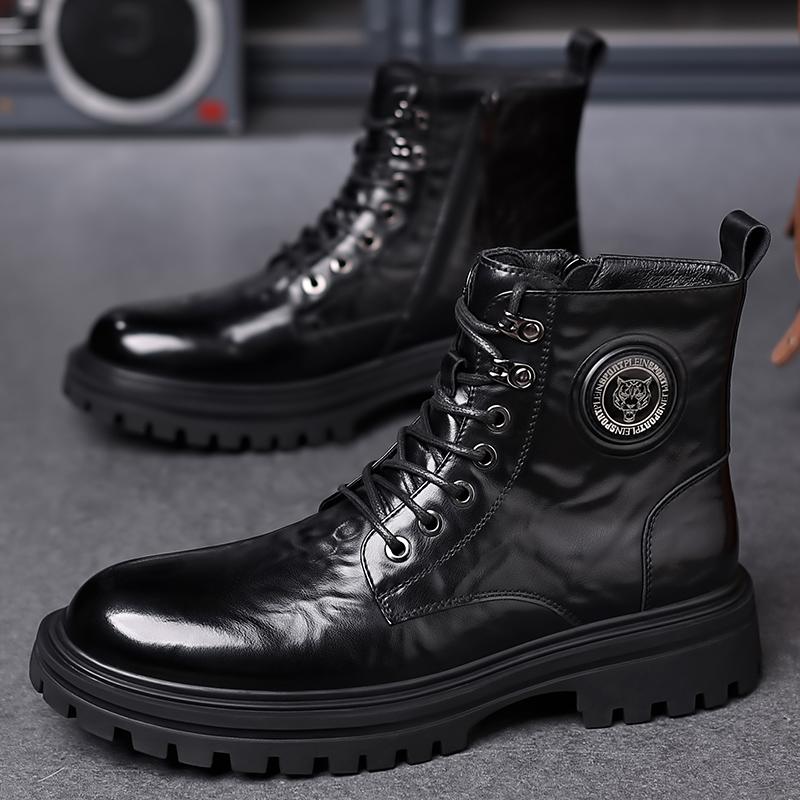 2024 Men Winter Shoes Male Warm Plush Fur Snow Boot Men's Motorcycle Boots High Quality Leather Lace Up Ankle Boots For Men