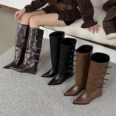 Wasteland Wind Autumn and Winter New Boots Women's But Knee Pointed Belt Buckle Slope Heel Western Cowboy Boots High Trousers Boots