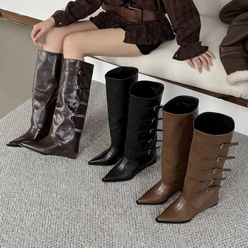 Wasteland wind autumn and winter new boots women's but knee pointed belt buckle slope heel western cowboy boots high trousers boots